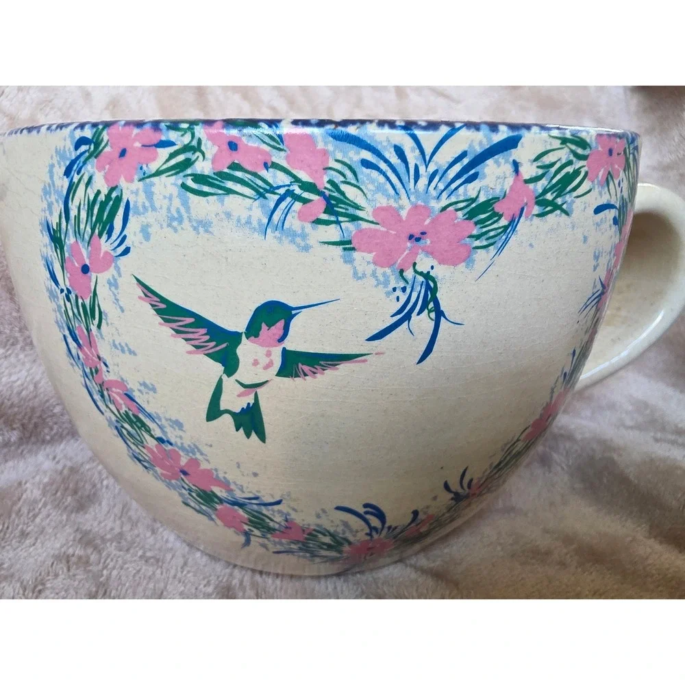 Vintage 1998 Hummingbird Garden Stoneware Batter Bowl with Spout Made in USA